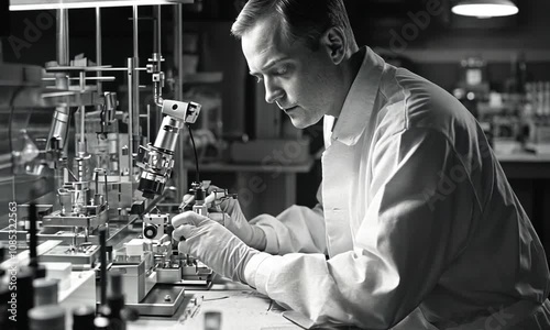 A Man in a Lab Coat Uses a Microscope