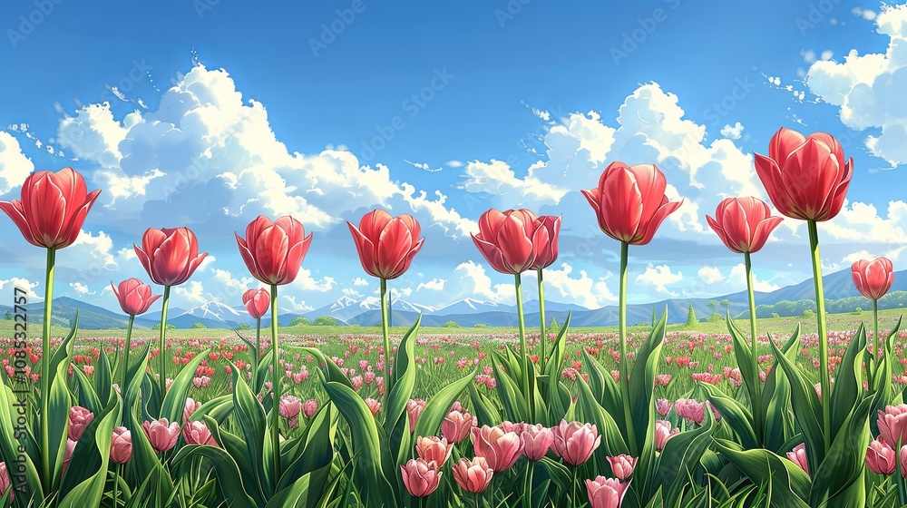 Fototapeta premium Field of colorful tulips in full bloom during springtime
