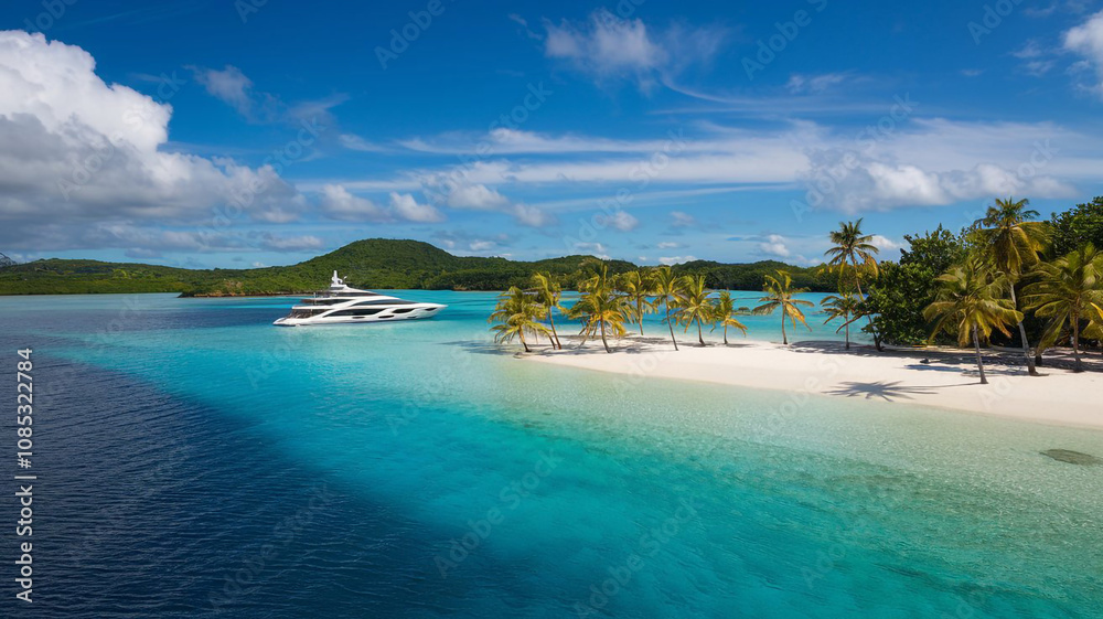 Luxury Yacht at Tropical Island Beach Clear Water Palms Vacation Luxury Yacht at Tropical Island Beach Clear Water Palms Vacation