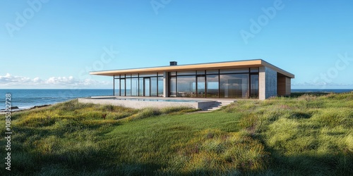 A simple, modern two-story house with white walls and light wood accents, set against the backdrop of an ocean view on green grass