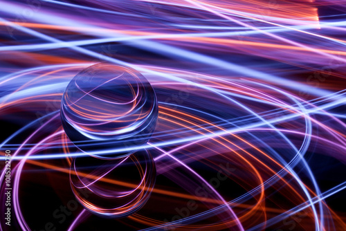 A long exposure photograph. Light painting photography. Swirls of colourful light behind and around a glass ball on a mirror.