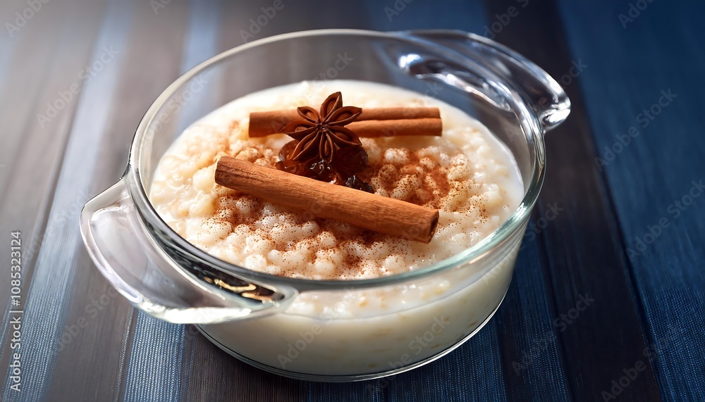 Rice pudding is served warm, topped with cinnamon and sweet raisins, in a clear glass dish _1(416) Rice pudding is served warm, topped with cinnamon and sweet raisins, in a clear glass dish _1(416)