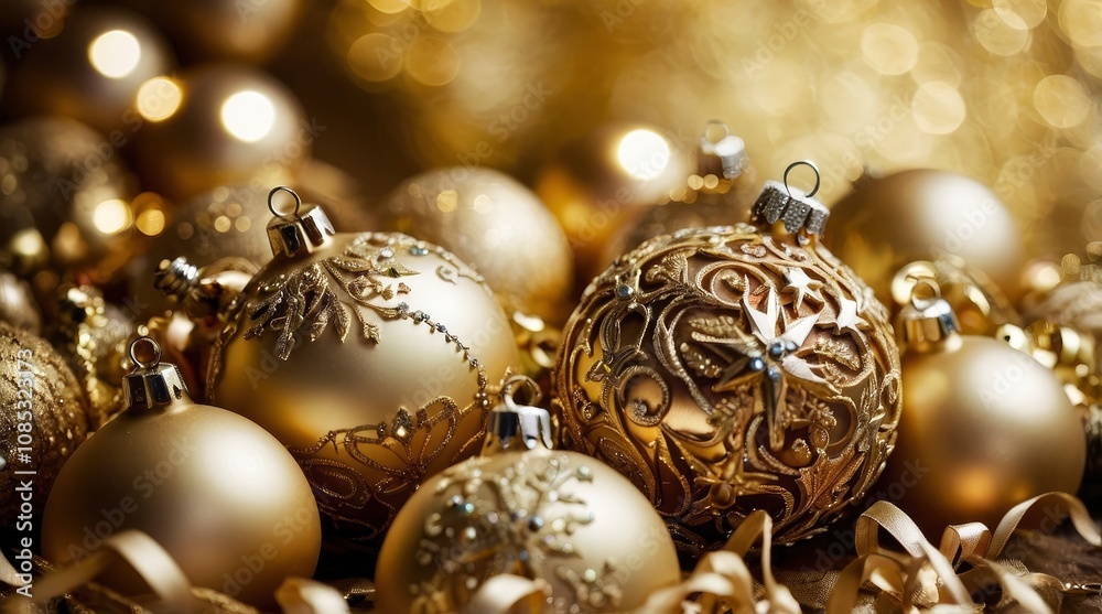 Christmas Gold Baubles Background. Very Shallow Depth - generative ai Christmas Gold Baubles Background. Very Shallow Depth - generative ai
