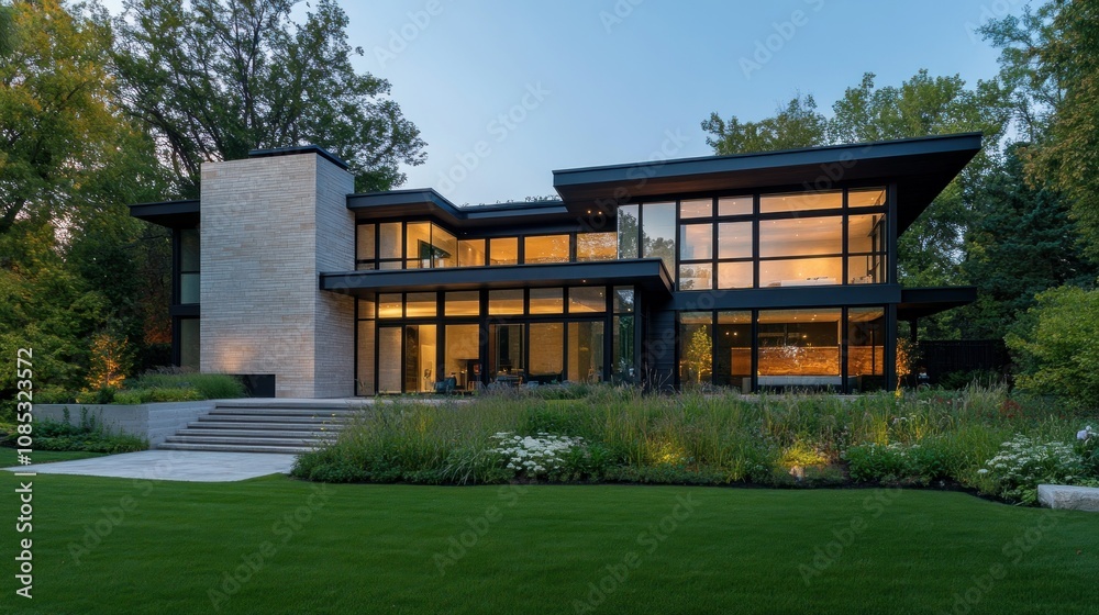 Modern House with Large Windows and a Lush Green Lawn Modern House with Large Windows and a Lush Green Lawn