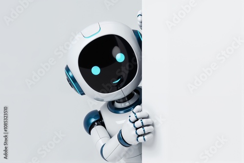 A curious robot is peeking out from behind a large white sign