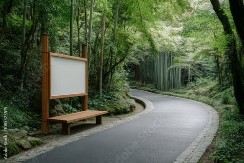 A paved path winds gently through towering bamboo, framed by a wooden bench offering rest and reflection amidst nature's serene beauty.