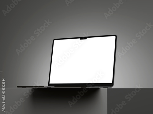 Realistic laptop mockup with blank screen on elegant grey black background