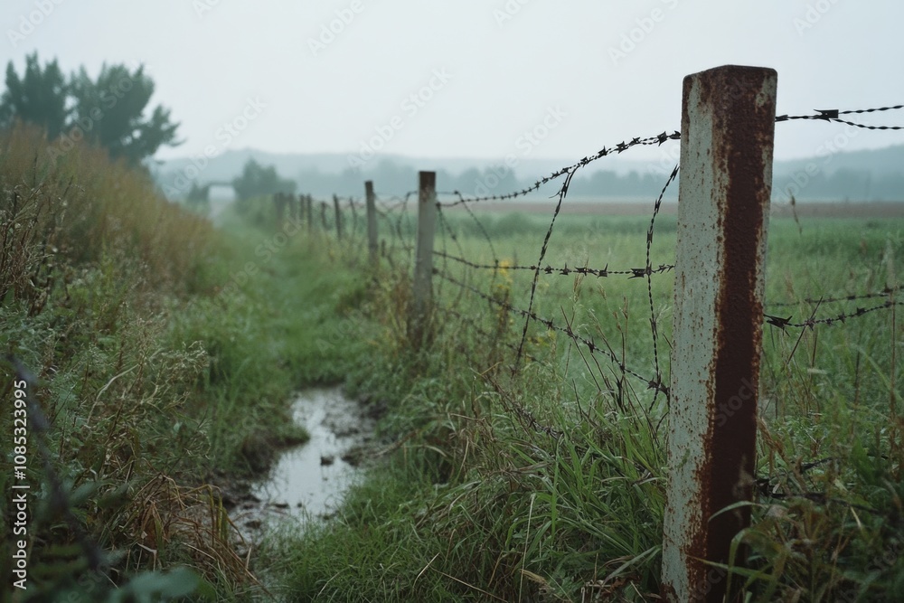 A serene landscape with a weathered barbed wire fence stretching through lush fields under an overcast sky. A serene landscape with a weathered barbed wire fence stretching through lush fields under an overcast sky.
