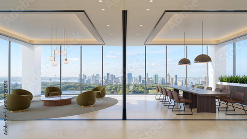 Modern Office Interior Design  Panoramic City View  Meeting Room  Lounge Area