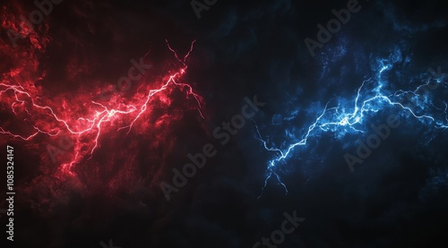 red and blue lightning bolts striking in the dark, with an empty space between them