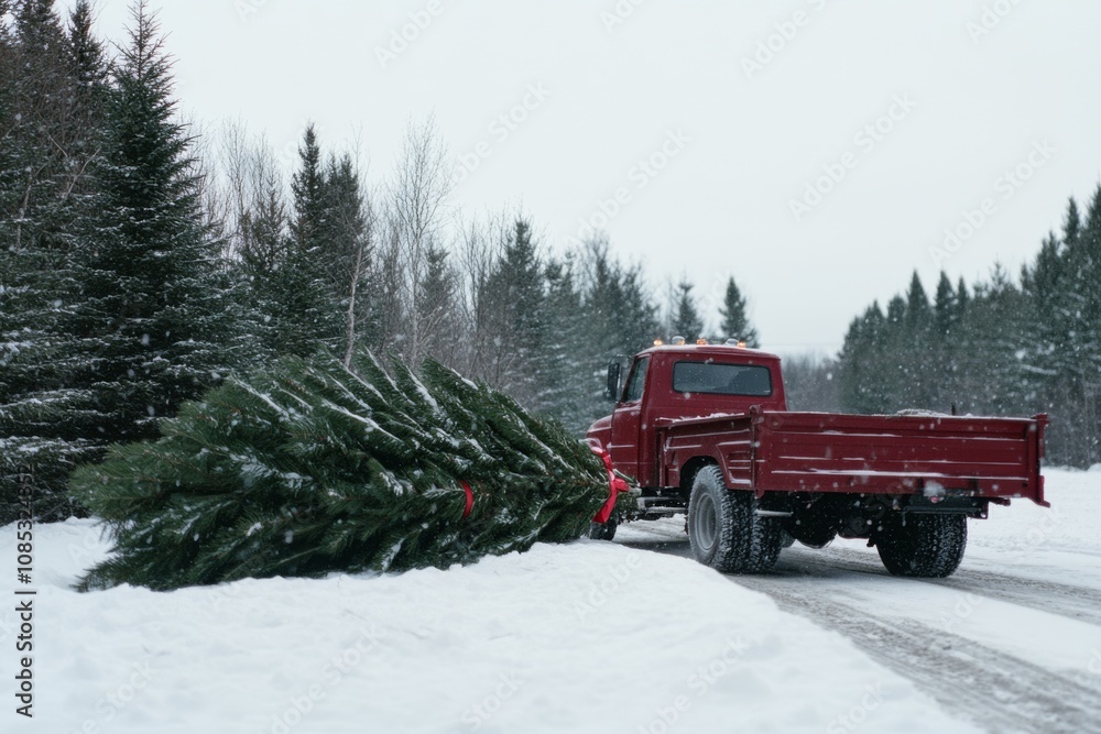 A red truck hauls a massive Christmas tree down a snowy road, evoking festive anticipation amid the winter landscape. A red truck hauls a massive Christmas tree down a snowy road, evoking festive anticipation amid the winter landscape.