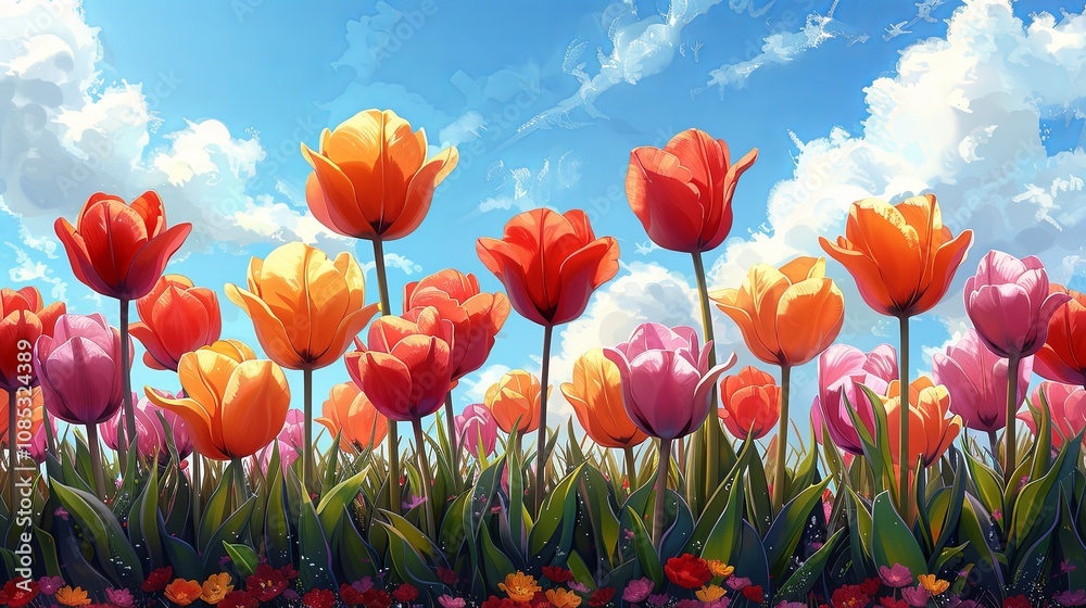 Obraz premium Field of colorful tulips in full bloom during springtime