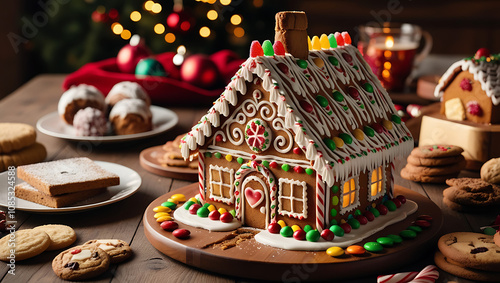 Illuminated gingerbread house surrounded by cookies and sweets on a wooden table with a blurred Christmas background.