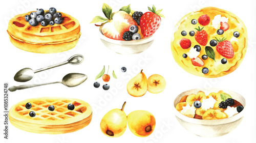 Set of waffles with fruits and berries. Watercolor hand drawn illustration