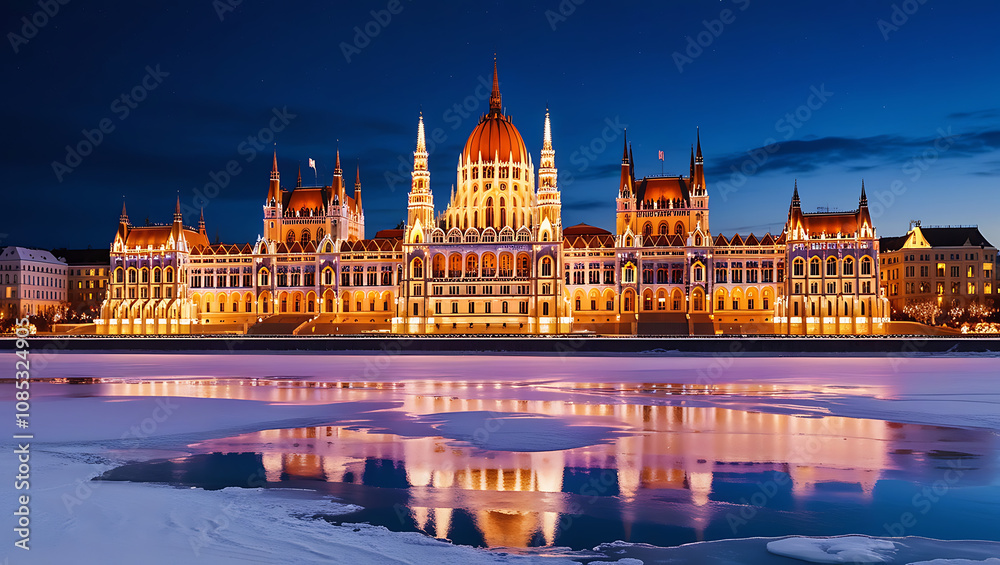 Fototapeta premium Illuminated Parliament building at night, reflecting on a frozen river.