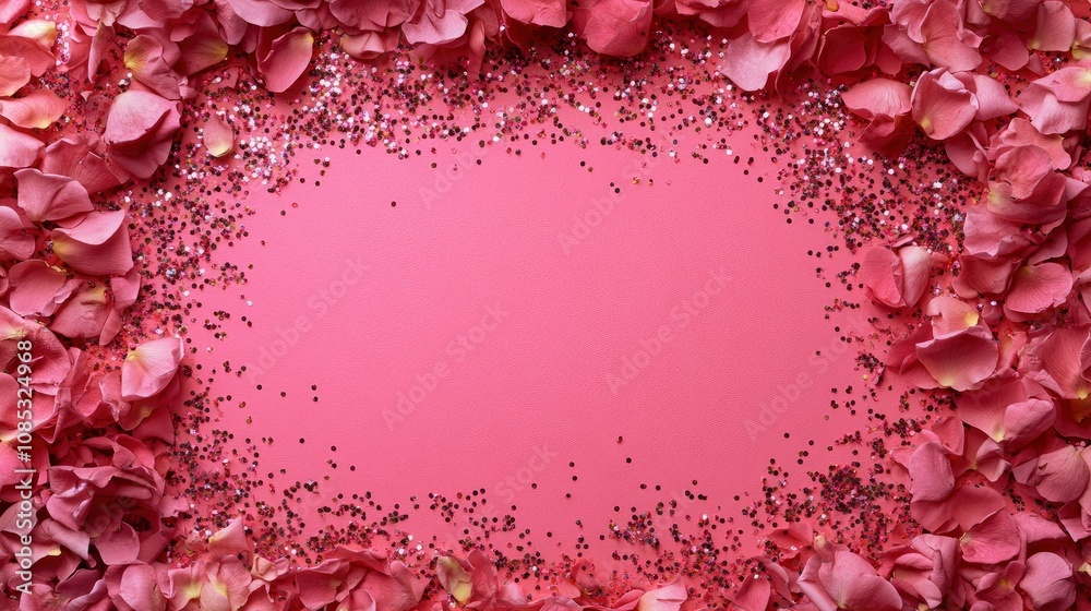 Frame made of rose flowers, confetti on pink background. Valentine's Day background. 