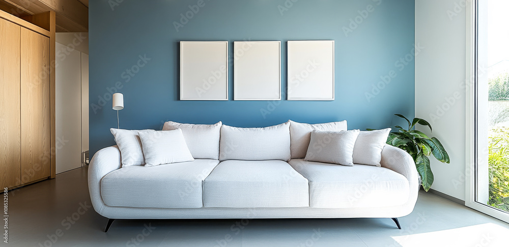 Modern white sofa in a stylish living room with blue walls and natural light during daytime Modern white sofa in a stylish living room with blue walls and natural light during daytime