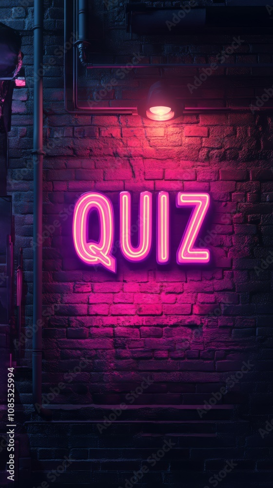 Neon Quiz Sign: A vibrant pink neon sign illuminates a brick wall, spelling out Neon Quiz Sign: A vibrant pink neon sign illuminates a brick wall, spelling out