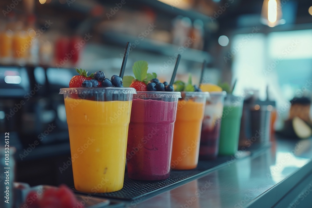 A row of colorful fruit smoothies topped with fresh berries and mint, displayed at a juice bar. Refreshing and vibrant! A row of colorful fruit smoothies topped with fresh berries and mint, displayed at a juice bar. Refreshing and vibrant!