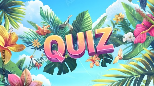 Tropical Quiz Show: vibrant 3D QUIZ text surrounded by lush tropical foliage, hibiscus flowers, and a bright summer sky. Perfect for online quiz shows, games, or summer promotions. 