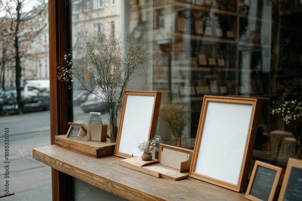 Rustic storefront window with blank frames and dried flowers offers tranquility in a bustling street scene, inviting passersby to pause. Rustic storefront window with blank frames and dried flowers offers tranquility in a bustling street scene, inviting passersby to pause.