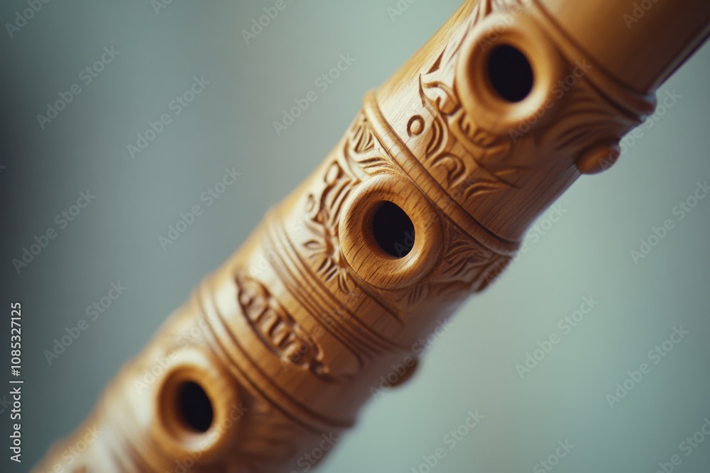 Naklejka premium Carved wooden flute with intricate patterns, showcasing fine craftsmanship and a warm, earthy texture, suggesting a connection to tradition and music.