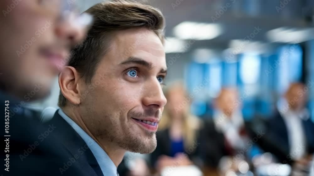 A man smiles during a business meeting, engaged in conversation with colleagues. A man smiles during a business meeting, engaged in conversation with colleagues.
