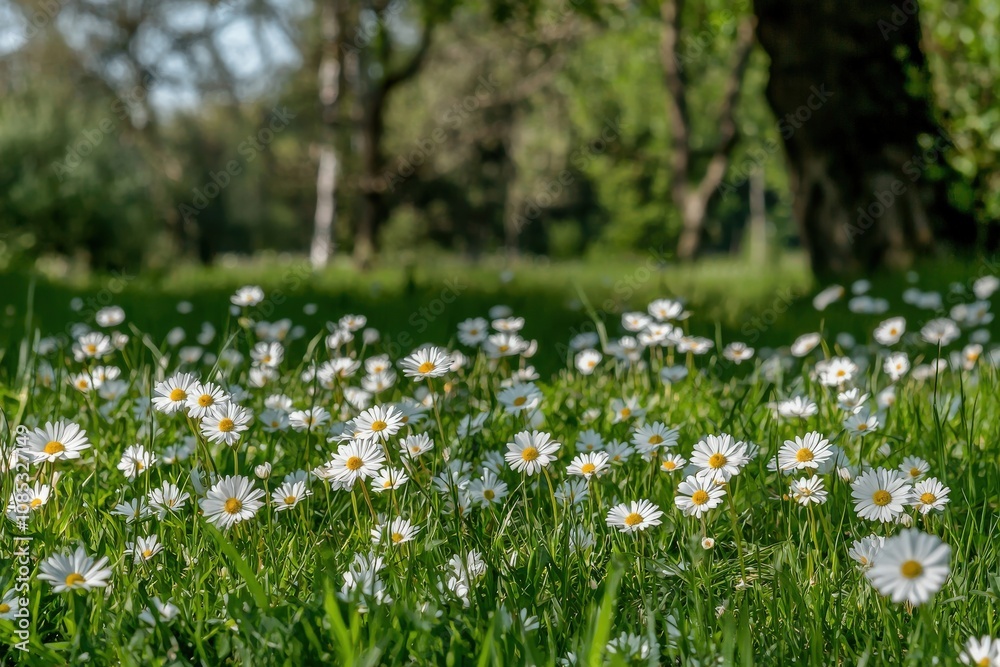 Vibrant field of daisies bathed in sunlight, a picturesque spring scene. Perfect for nature, springtime, and floral themes. Vibrant field of daisies bathed in sunlight, a picturesque spring scene. Perfect for nature, springtime, and floral themes.