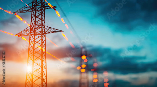 Fototapeta Naklejka Na Ścianę i Meble -  A vibrant sunset scene featuring power lines against a colorful sky, highlighting the connection between nature and energy infrastructure.