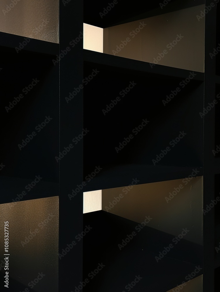 Minimalist Dark Shelving Unit with Soft Light Accents: Perfect for Modern Interior Design Projects