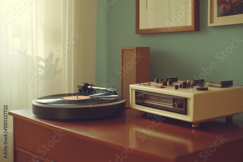 A vintage turntable and receiver set evoke nostalgia with warm sunlight spilling through, casting a cozy retro vibe in the room. photo