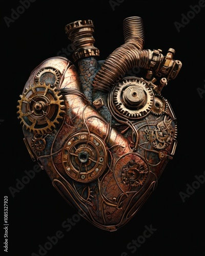 Steampunk mechanical heart sculpture with intricate gears, pipes, and metallic details against a dark background.