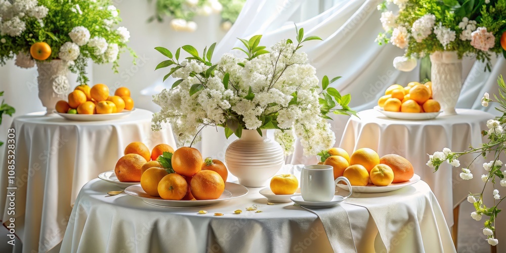 Elegant Table Setting with Oranges and White Flowers on a White Tablecloth, Capturing the Essence of Freshness and Style in Fashion Photography Elegant Table Setting with Oranges and White Flowers on a White Tablecloth, Capturing the Essence of Freshness and Style in Fashion Photography