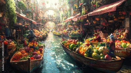 Vibrant floating market bursting with colorful fruits and vegetables in narrow canal, surrounded by bustling stalls and lush greenery