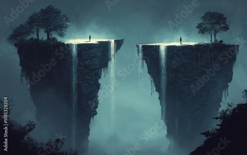 Surreal floating islands with silhouetted figures standing at the edge, illuminated by ethereal light in a misty, dreamlike landscape.