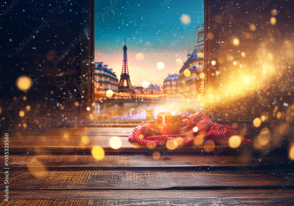 Φωτογραφία A red mug sits on a wooden surface, wrapped in a red scarf, with a snowy cityscape and a tall tower seen through the window