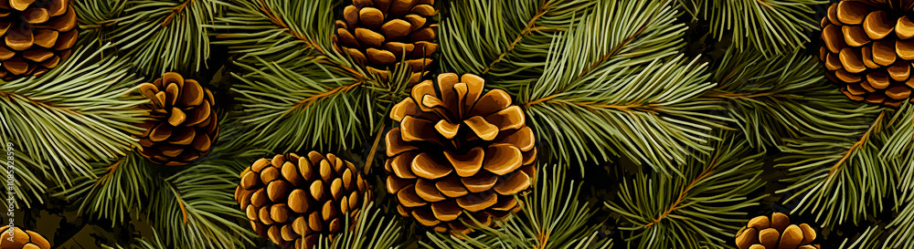 A seamless pattern showcasing an extreme close-up of pine tree needles and cones, emphasizing the intricate details and textures. A seamless pattern showcasing an extreme close-up of pine tree needles and cones, emphasizing the intricate details and textures.
