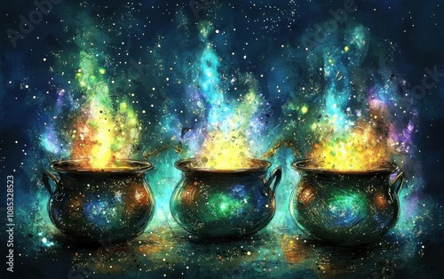 Magical cauldrons emit vibrant, cosmic energy amidst a starry backdrop, creating a mesmerizing display of colorful celestial flames and sparks.