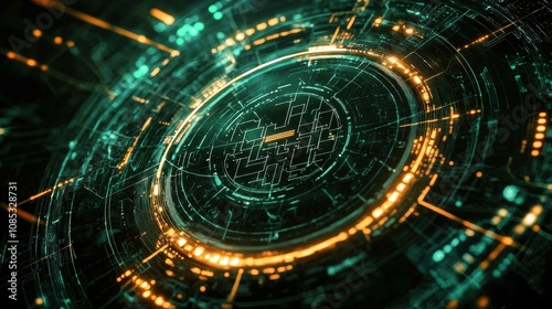 Futuristic digital interface with glowing green and orange circular patterns, resembling advanced technology or cybersecurity concept.