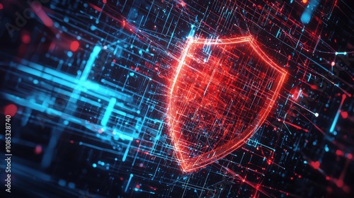 Digital shield glows red against blue cyberspace, symbolizing cybersecurity and data protection in a futuristic tech landscape.