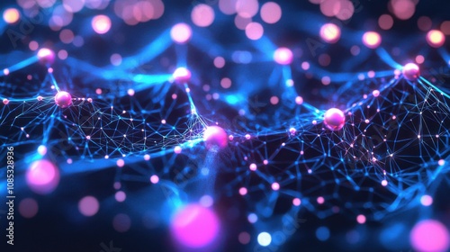 Futuristic network connections illuminated by vibrant blue and pink lights, creating a mesmerizing digital landscape.