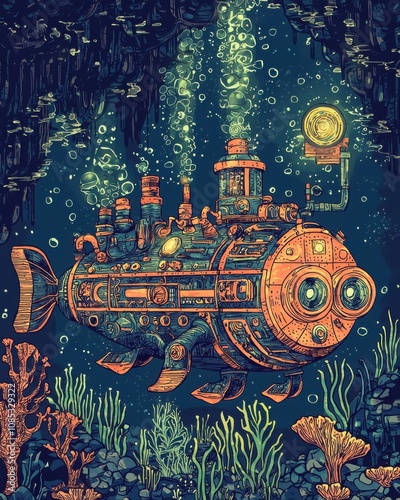 Steampunk submarine navigates whimsical underwater world, surrounded by bubbles and colorful sea life in a fantastical deep-sea adventure.