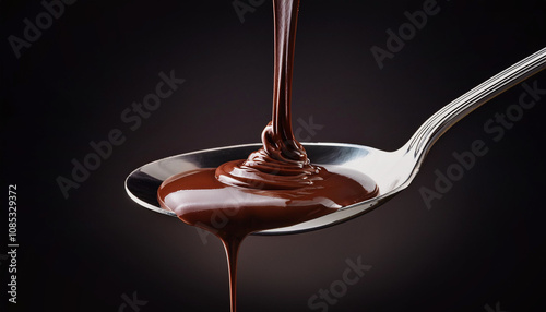 Chocolate poured on a spoon on dark background