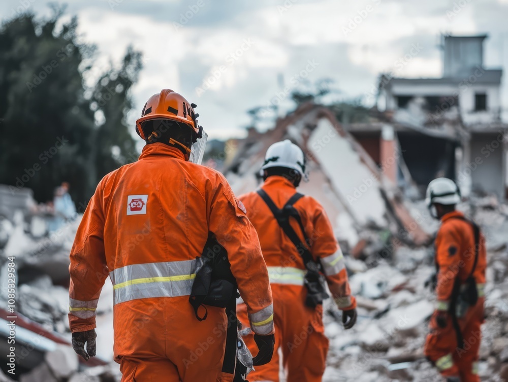 Rescue Workers Amidst Devastation: Three courageous rescue workers in bright orange protective gear navigate a landscape of rubble and destruction. Rescue Workers Amidst Devastation: Three courageous rescue workers in bright orange protective gear navigate a landscape of rubble and destruction.