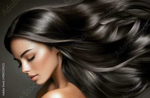 A woman with long, dark brown hair styled in loose waves and flowing to the side. She has glossy skin that reflects light, highlighting her soft features against the rich color of her luxurious hairst