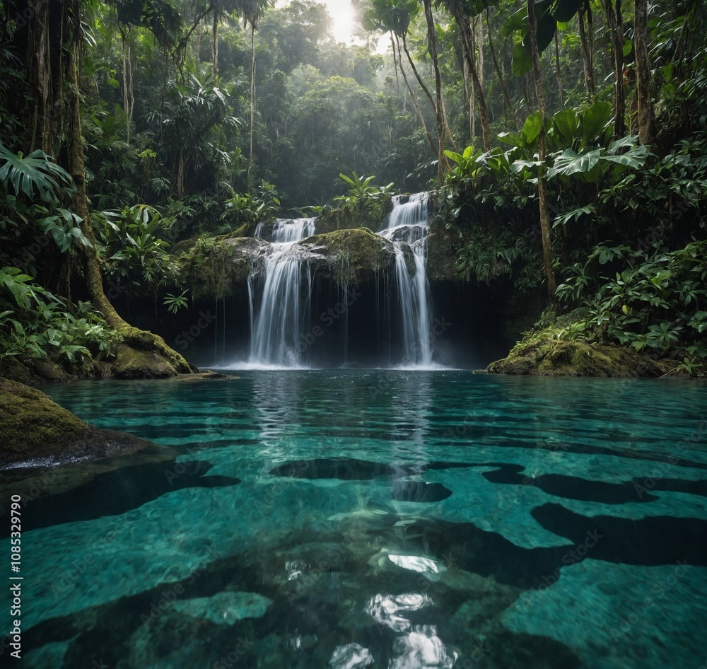 A hidden waterfall plunging into a crystal-clear pool in a tropical rainforest.

