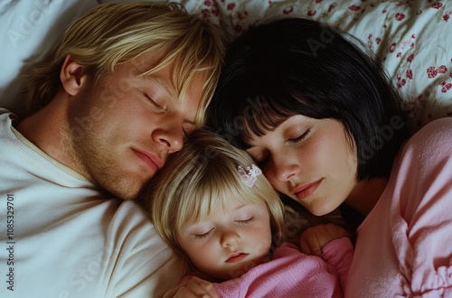 family with one child, father and mother sleeping together in bed on the left side of picture with their daughter who is sitting between them