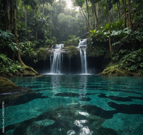 A hidden waterfall plunging into a crystal-clear pool in a tropical rainforest.


