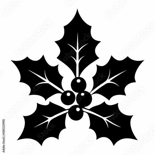 Christmas Holly sprig vector silhouette black on white background