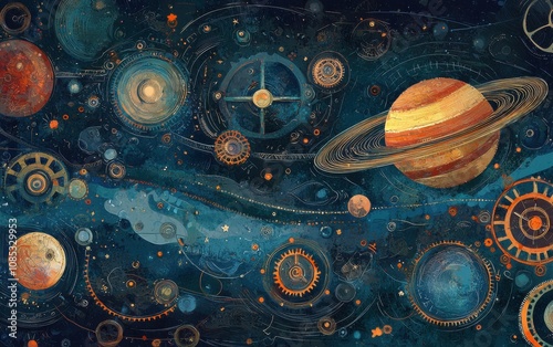 Celestial steampunk artwork depicts a vibrant cosmic scene with planets, stars, and intricate mechanical elements in rich blues and warm oranges.